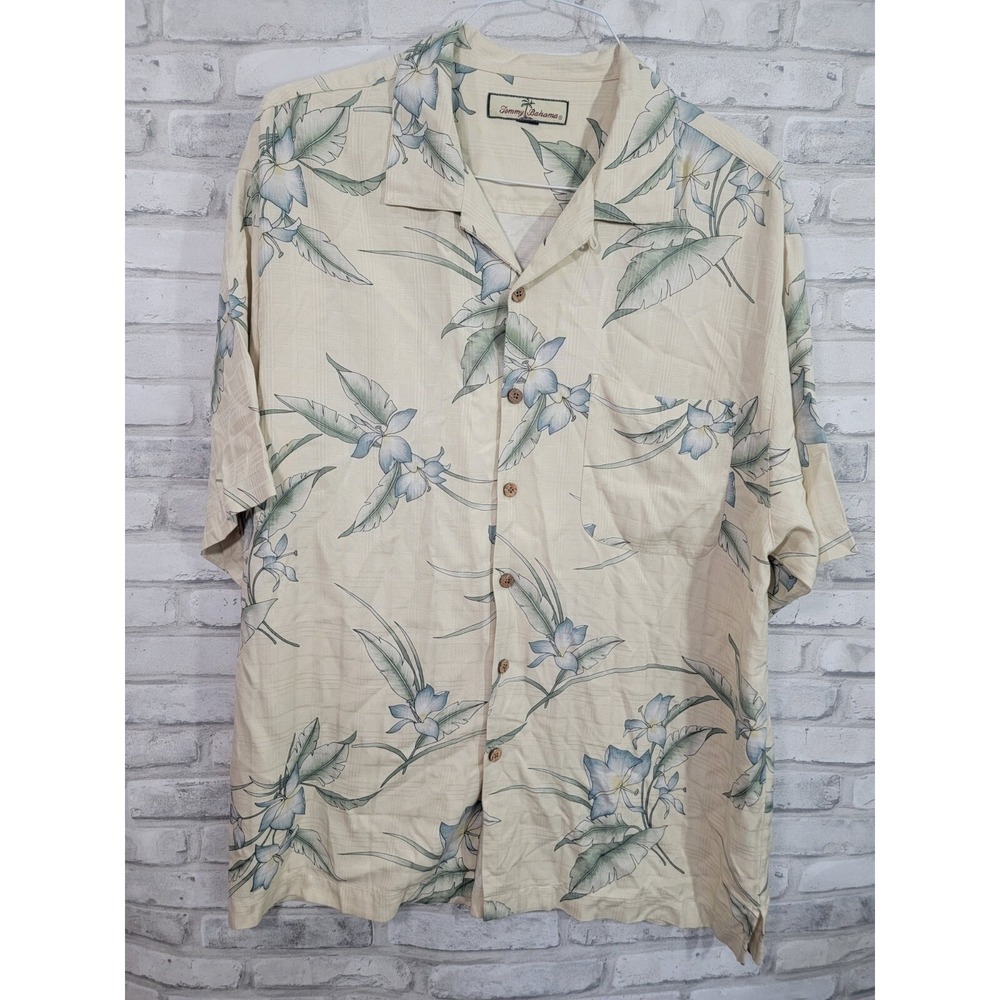 Tommy Bahama XL Canary Yellow Button Down Shirt Short Sleeve with Blue Flowers